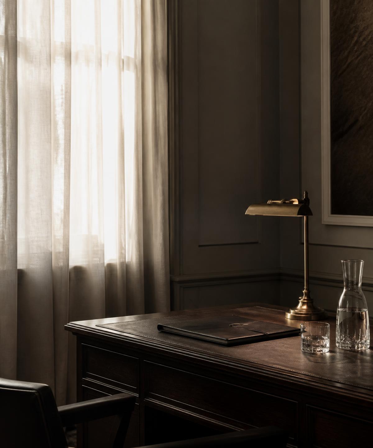 Ruhiges Privatbüro mit dunklem Nussbaum-Schreibtisch, Bronze-Lampe und weichem Vorhanglicht