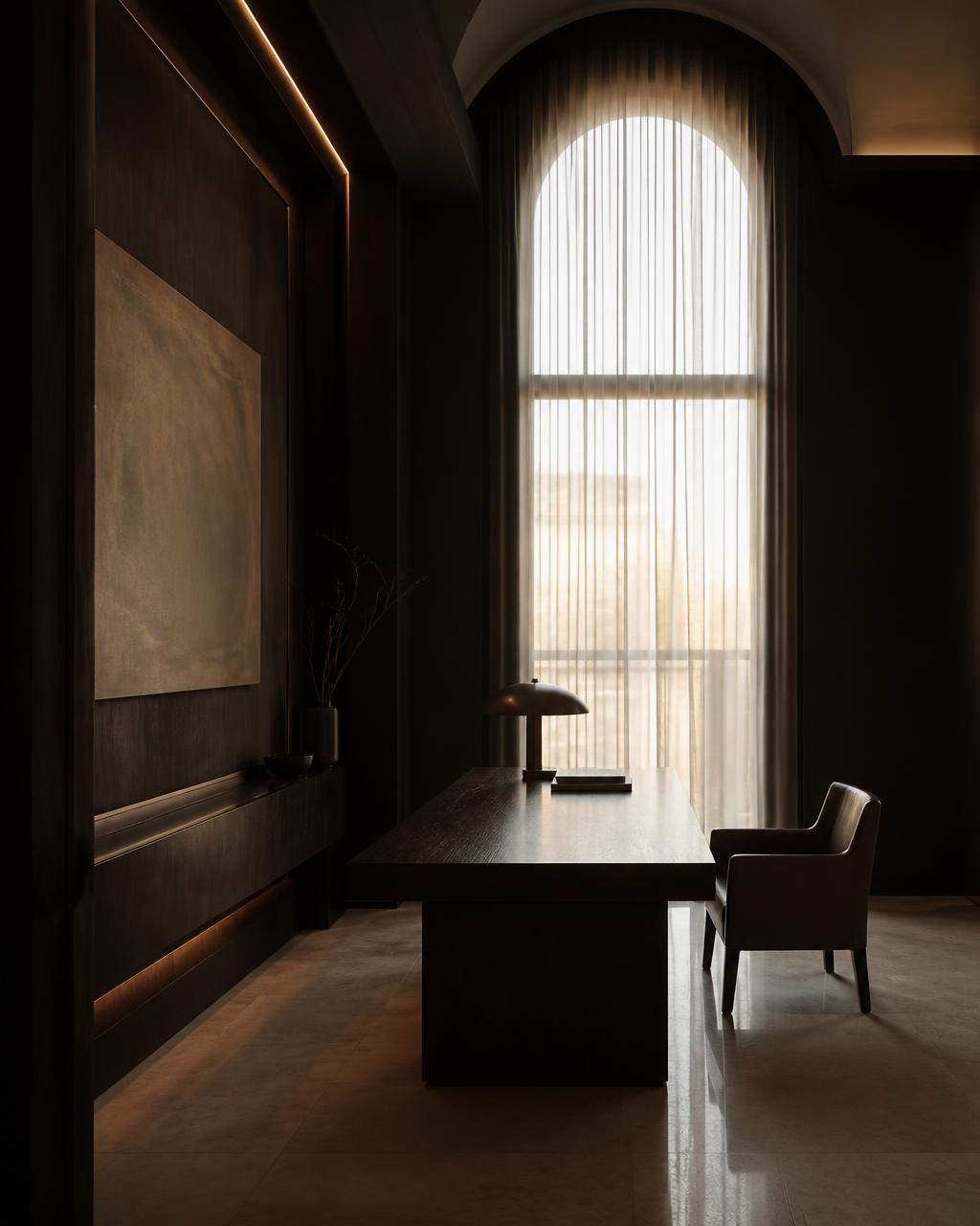 Privates Arbeitszimmer in ruhiger Anthrazit- und Bronze-Palette
